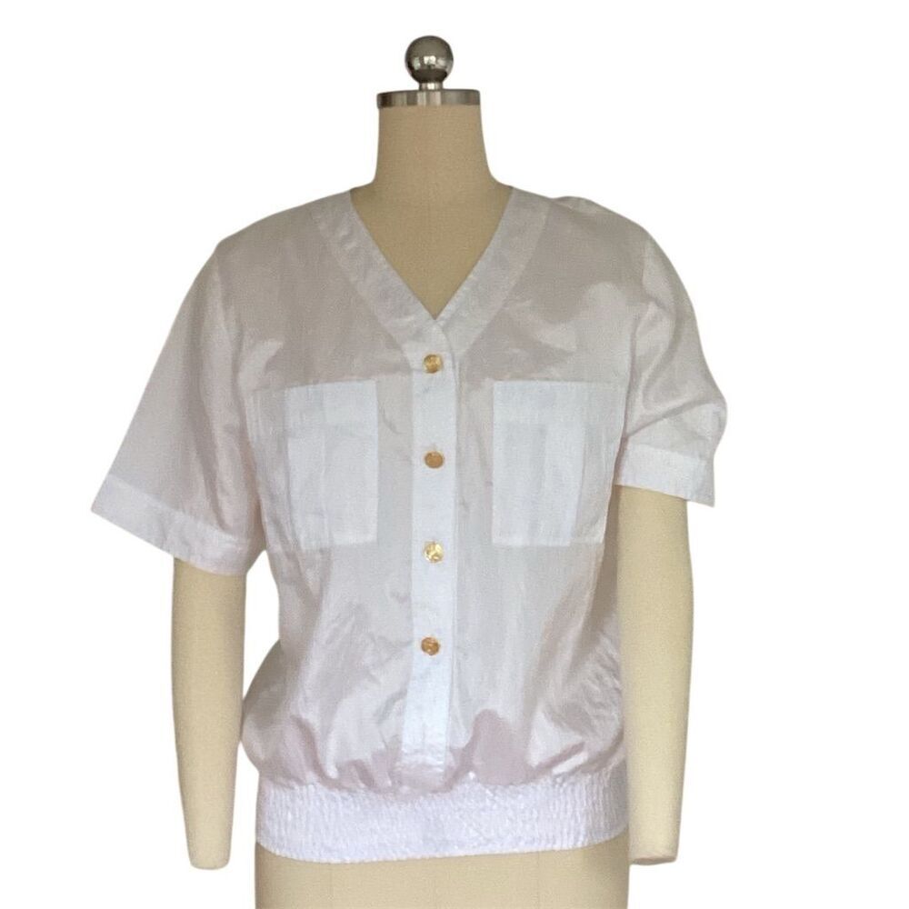 Worthington Women's White Satin Button-Up Blouse Size M Short Sleeve